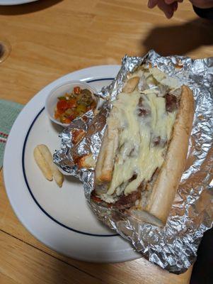 Rosati's Cheef (Italian beef with mozzarella on French bread) w/ hot peppers on the side and fries