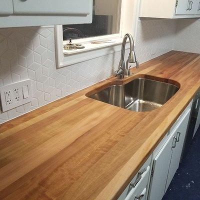 custom madrone countertop installed.