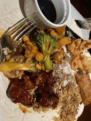 Sesame chicken, broccoli chicken, steamed and fried rice, crab Rangoon and egg rolls. "Mother... the rangoon Mother."