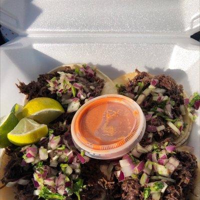 Beef barbacoa with cilantro salsa, lime and red chile