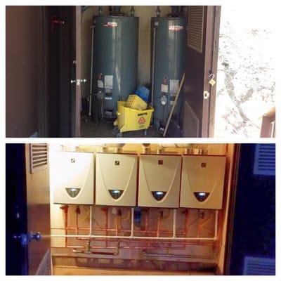 Before and after. For a youth camp, very old inefficient commercial water heaters were replaced with tankless water heaters.