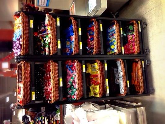 Two shelves displays of old school candies.