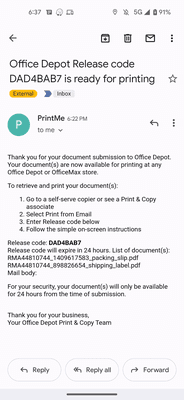 Example of email by using the Print from Email option. You get a code to enter at the printer. It's good for 24 hours. Fast, easy, simple.