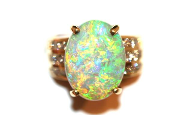 SOLD  Gem grade natural Lightning Ridge opal/diamond ring