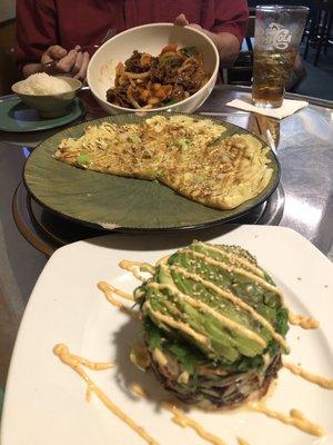 Spicy pork, okonomiyaki, calamari salad.