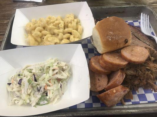 Sausage, brisket, pulled pork w/ mac n cheese and slaw