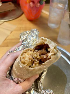 The inside of the bean and cheese burrito.