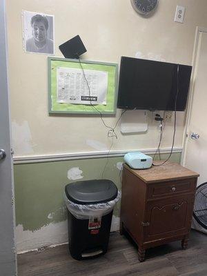 Dirty room, in very poor condition. No idea who's picture that is. Fan blocking the bathroom entry and was a tripping hazard.