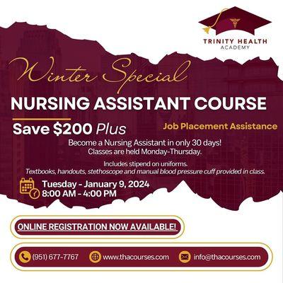 Are you interested in healthcare training? If so, then Nursing Assistant Course are for you! 

Call today to learn more at (951) 677-7767