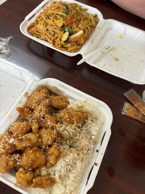 Sesame chicken with white rice. L1. Vegetable Lo Mein.