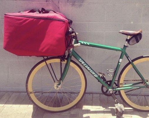 Mario built these custom gold wheels for my bike & sold me this pizza rack that helped me deliver literally hundreds of pizzas