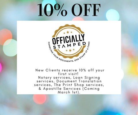 New clients receive 10% Off all February long for the 1 year anniversary of Officially Stamped LLC. We also designed and printed this flyer!