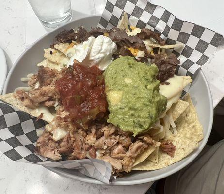 Nachos with half steak/half chicken