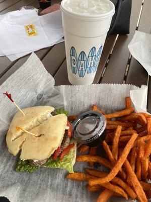 Lamb burger with sweet potato fries