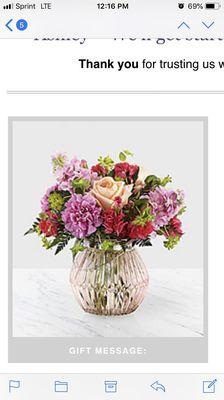 Product advertised. Very floral, pink, pretty.