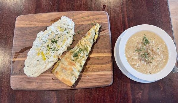 Spanakopita with lemon chicken rice soup