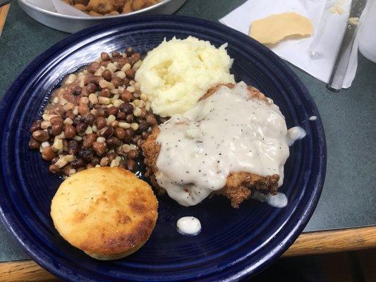 Chicken fried chicken and crowder beans n corn!