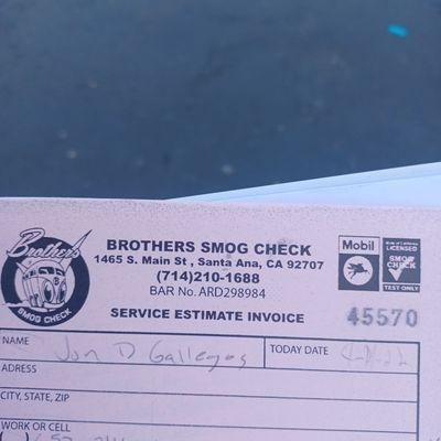 Copy of my receipt for a smog chk