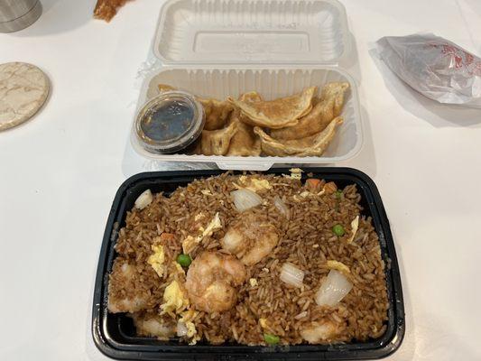 Shrimp fried rice and deep fried pot stickers.  Nice and big size shrimps.