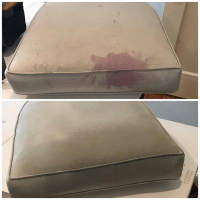 Upholstery cleaning in Atlanta, Ga. I removed a wine stain from this upholstered cushion