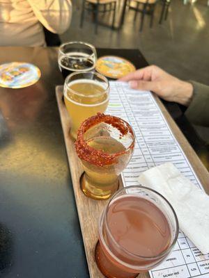 Beer flight (left to right): graphite point, guava cart, street cart with chamoy, boysenberry blonde