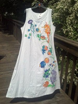 hand painted sea creatures on sleeveless dress, mid-calf length; ©2014 Deborah Willard.