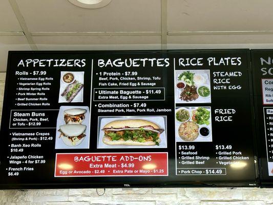 Menu - appetizers, bahn mi, and rice plates