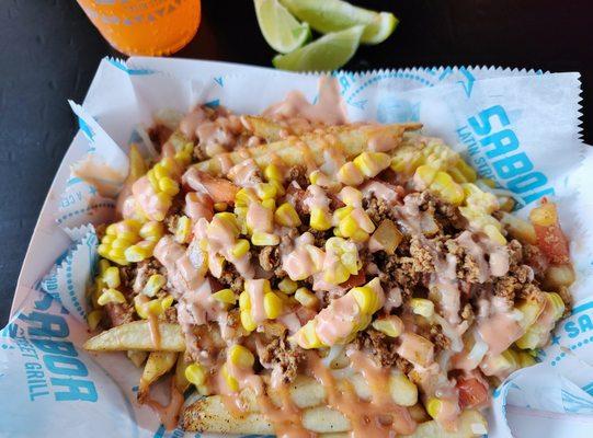 Davidson Location ONLY has Colombian Fries. French Fries with ground beef, cheese, fresh corn and rosada sauce!