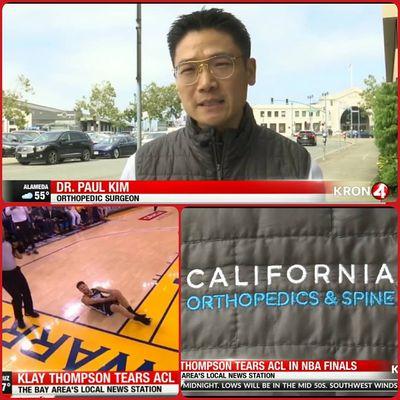 Dr. Paul Kim featured on KRON4 news discussing Klay Thompson's ACL tear in Game 6 of the NBA Playoffs.