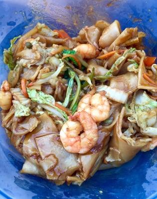 Shrimp Ho Fun. Big flat noodles, brown sauce and plenty of fresh shrimp. Yum! (In my own bowl)