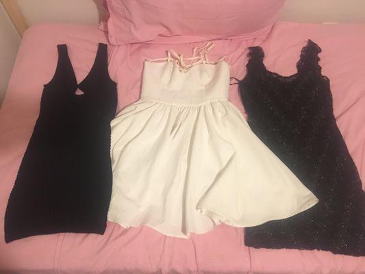 From left to right: $18.50 - Whitney Eve dress (with tags) $20 - Cameo dress (with tags) $20 - Free People dress