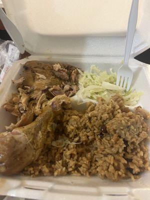 Jerk chicken, rice/peas, cabbage