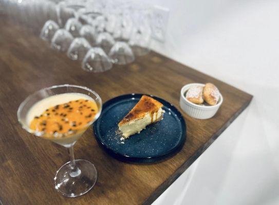 Passion fruit mousse, crème brûlée cheesecake, beignets