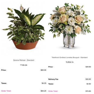 This is a side-by-side photo of the arrangements I ordered & expected to arrive.