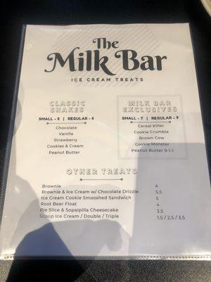 The Milk Bar menu