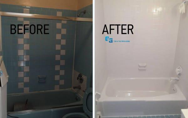 Client saved thousands of dollars by reglazing tub & tile together, rather then replacing tiles. Tiles were from 60s but in OK shape.