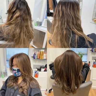 Bi-Tone Color transformation! Chocolate rich brown color and caramel highlights.