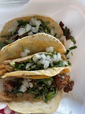 Lengua, chicharron & tripa tacos