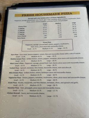 Pizza menu