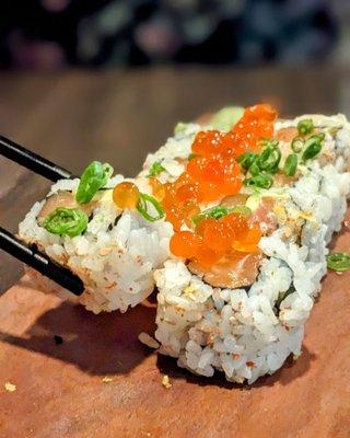 shibo maki: salmon bally, avocado, kalware, lemon zest, ikura, togarashi, scallion