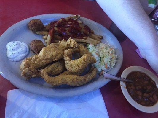 Fried catfish and charro beans , coleslaw and fries