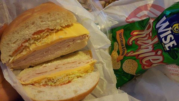 Turkey and cheese sandwhich $5.99 and .50 bag of chips. Definitely worth the $6.49.