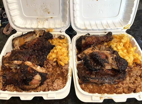 Large Jerk Chicken Combination Platter with Mac & Cheese and Rice & Beans