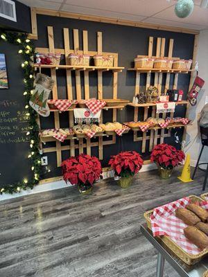 Store interior and baked goods.