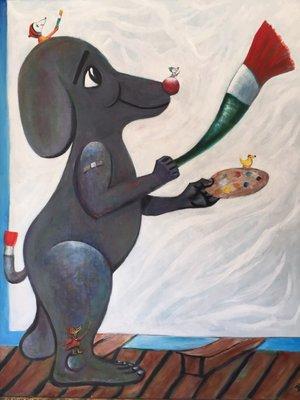 Dog at tall easel.  Very affordably priced for such a popular original!