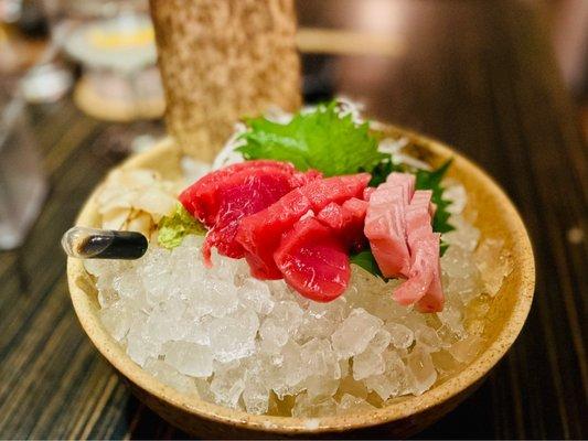 Bluefin Tuna Tasting - akami loin, chutoro semi fatty belly, and otoro full fatty belly with imported smoked soy and fresh wasabi