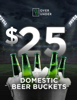 $25 domestic beer buckets, every day! Grab a seat in front of our media wall.