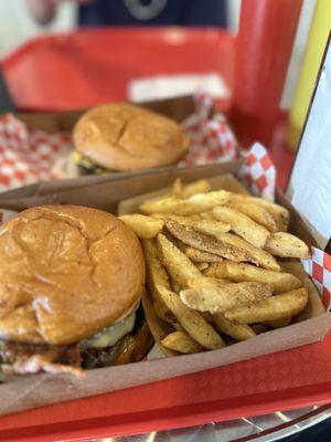 spicy burger with bacon and large fries