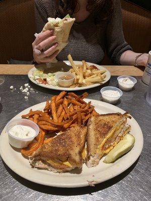 Tuna Melt with Sweet Potato Fries. Vegetable Pita Pocket with fries.