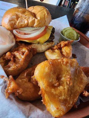 Burger and the amazing onion rings!!